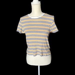 ZARA Womens Yellow/White/Black Striped Ribbed T-Shirt. Size Medium.